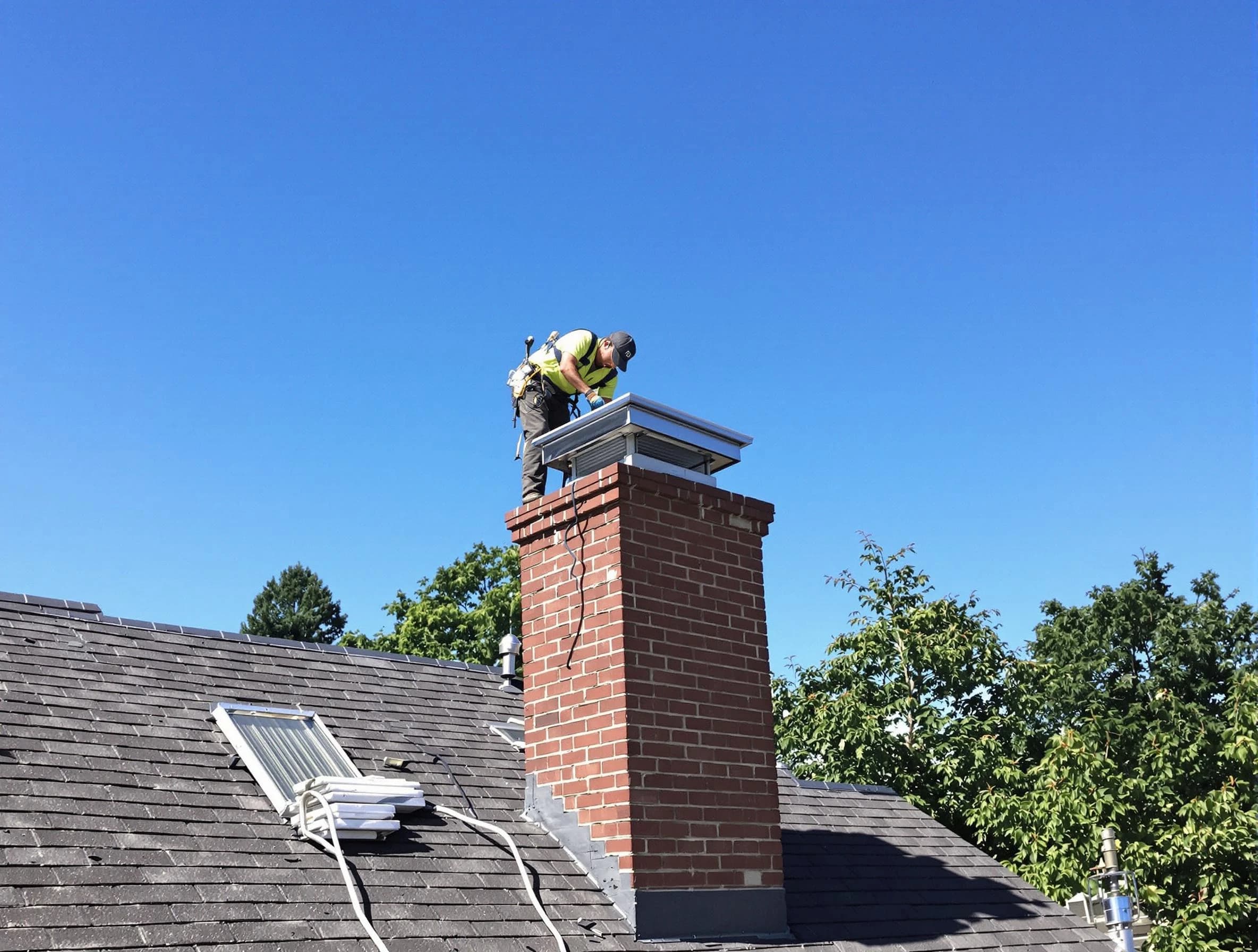 Tucker Chimney Sweep technician measuring a chimney cap in Tucker, GA